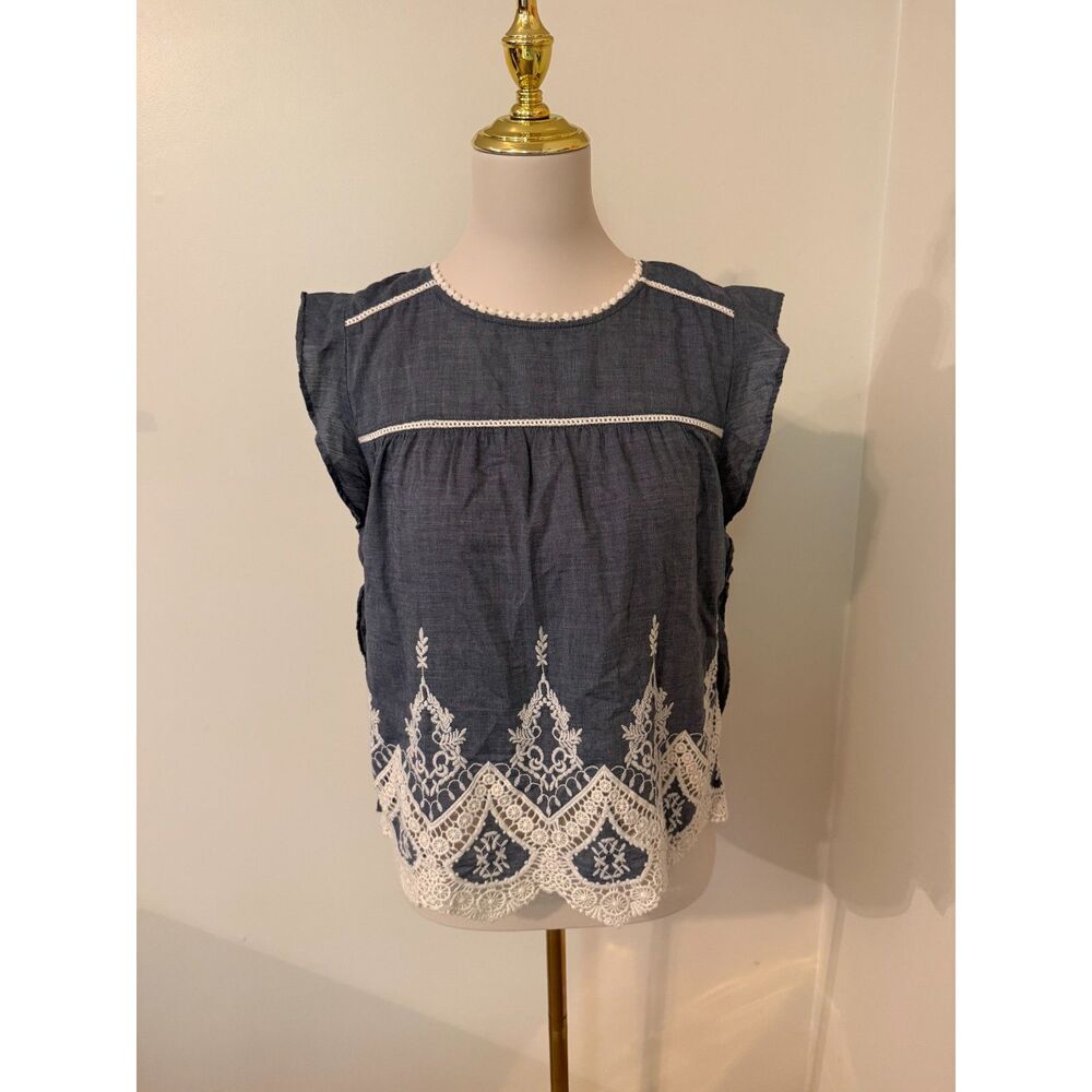 Abercrombie & Fitch Chambray Lace Trim Flutter Sleeve Blouse Top XS